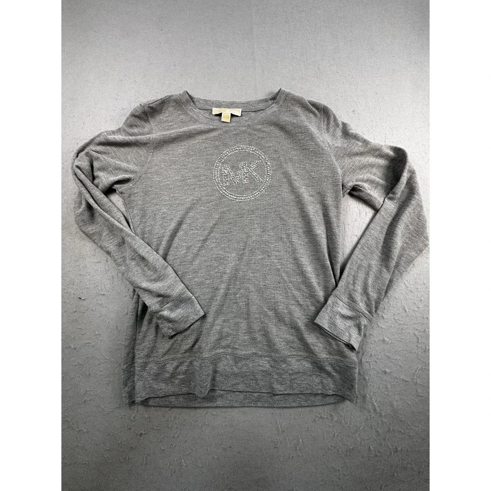Michael Kors Womens Gray Rhinestone MK Logo Thermal Top Long Sleeve Large